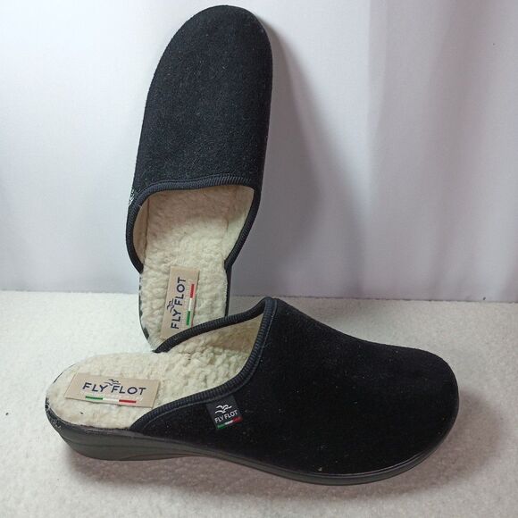 Fly Flot Made in Italy Black Wool Blend Slip-On House Slippers Size 40 Fleece - Picture 1 of 8